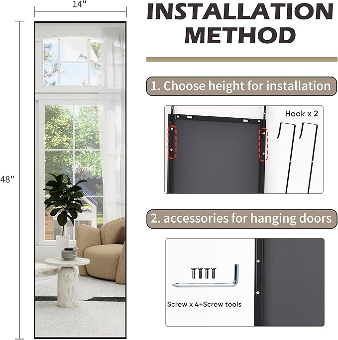 Full Length Door Mirror 14x48, Metal Frame with Protective Film, No-Drilling Hanging or Wall Mount (Horizontal/Vertical), Hooks & Hardware Included, Full Body Mirror for Bedroom, Dorm, Black