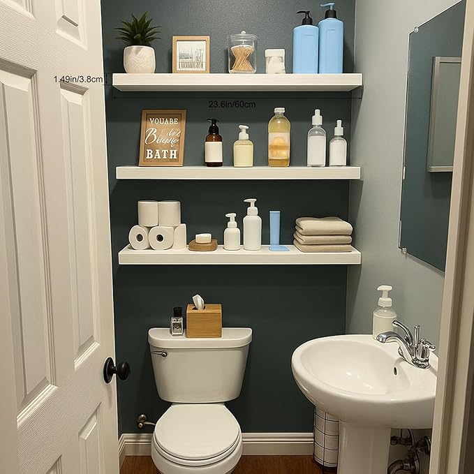 Floating Shelves for Wall, Bathroom Shelves Over Toilet, Wall Shelves & Book Shelf for Room, Hanging Shelf, Modern Wooden Mounted Floating Shelves, 24x7x1.5 in (White, Set of 3)