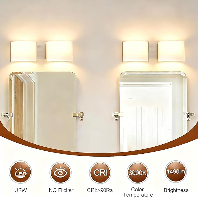 Unique Bathroom Vanity Lights, Over Mirror Light Fixture, 2-Light LED Wall Scones with Premium Arylic Shade for Indoor Bedroom Living Room Stairwell Accent Lighting