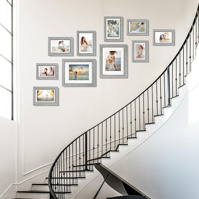 Picture Frames, Made of Real Glass and Wooden Frame, Gallery Photo Frames Set of 10 for Collage Wall Decor, Multi Sizes Including 8x10, 5x7, 4x6 for Mounting or Tabletop Display, Grey