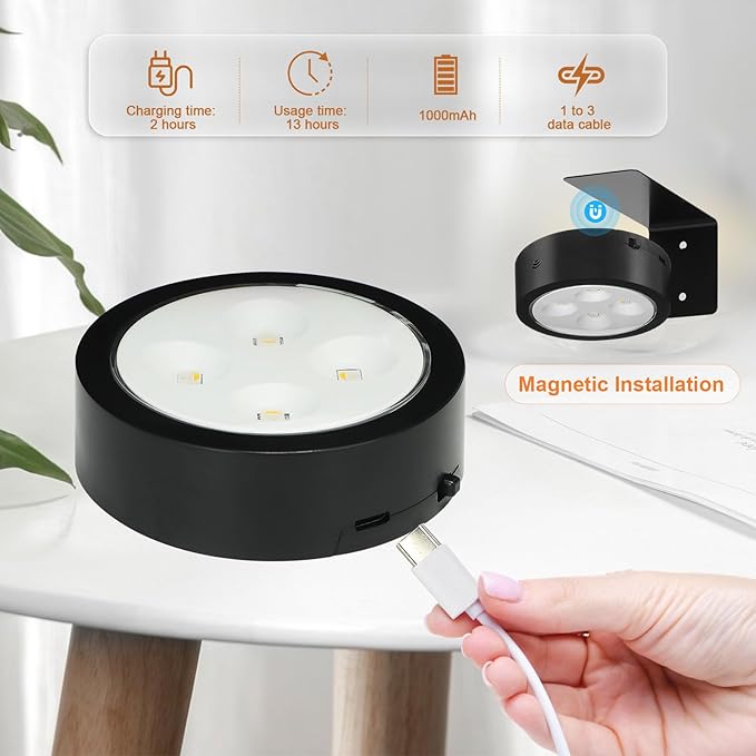 6Pcs Rechargeable Battery Picture Light,13 RGB Color Magnetic Wall Lights for Pictures with Remote Dimmable and Timer, Art Display Light for Paintings Battery Operated-RGB Black