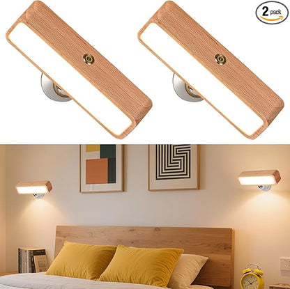 Battery Operated Wall Sconces Set of Two, Rechargeable Wall Lights Battery Operated, Wood Stick On Wall Mounted lamp Bedside Reading for Bedroom, Stepless Dimmable Wall Lamps for Living Room