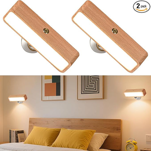 Battery Operated Wall Sconces Set of Two, Rechargeable Wall Lights Battery Operated, Wood Stick On Wall Mounted lamp Bedside Reading for Bedroom, Stepless Dimmable Wall Lamps for Living Room