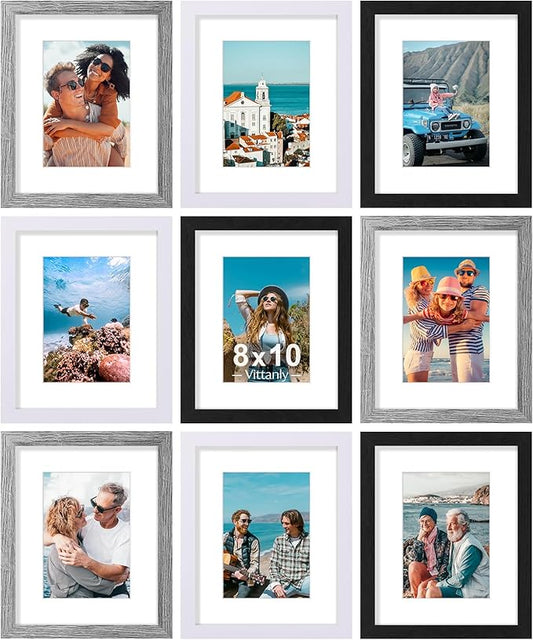 Vittanly 8x10 Picture Frames Set of 9, Display 5x7 Pictures with Mat or 8x10 without Mat, Photo Frames for Wall or Tabletop with Plexiglass, Engineered Wood, Black&Grey&White