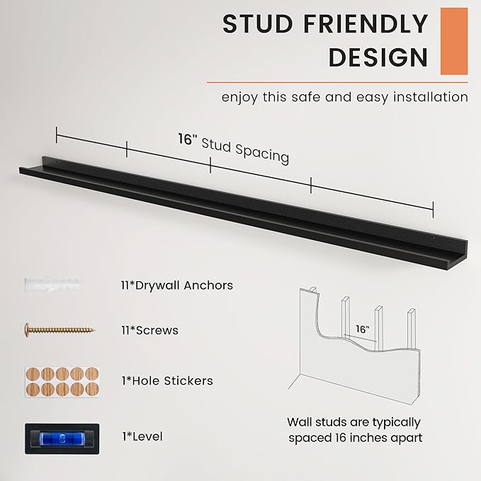 Picture Ledge Shelf, Floating Shelves Set of 2, 72 Inches Long Large Nursery Book Shelves for Toys Storage, Kids Bookshelf Wall Mounted for Living Room Bedroom Decor Books Photo Frames, Black