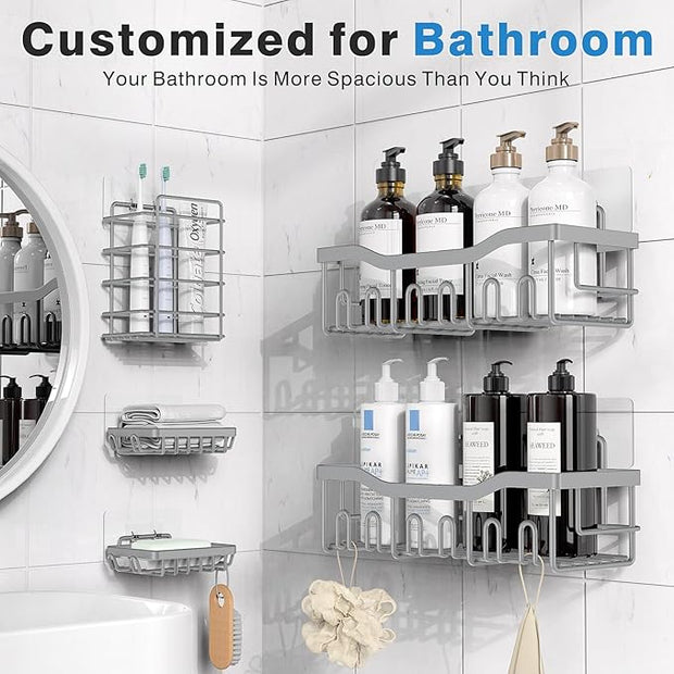 EUDELE 5-Pack Rustproof Stainless Steel Shower Caddy Set– No Drill Adhesive Bathroom Organizer, Space-Saving Shower Shelves for Apartment Essentials, Bathroom/Kitchen Storage Home Decor-L Size