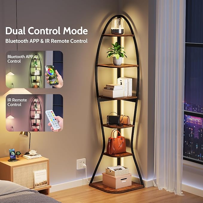 Artistic Fish-Inspired Corner Shelf with LED Lights, 6-Tier Tall Corner Bookshelf with Multi-Depth Display, Space-Saving Storage Unit with Remote Control for Bedroom & Living Room