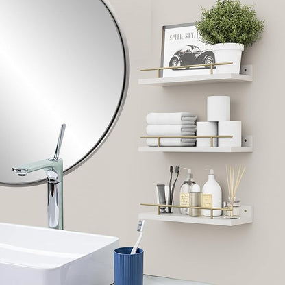 Floating Shelves with Metal Guardrail, Wall Decor Shelves for Bathroom, Living Room and Bedroom, (Gold-White) Shelves for Home Decor