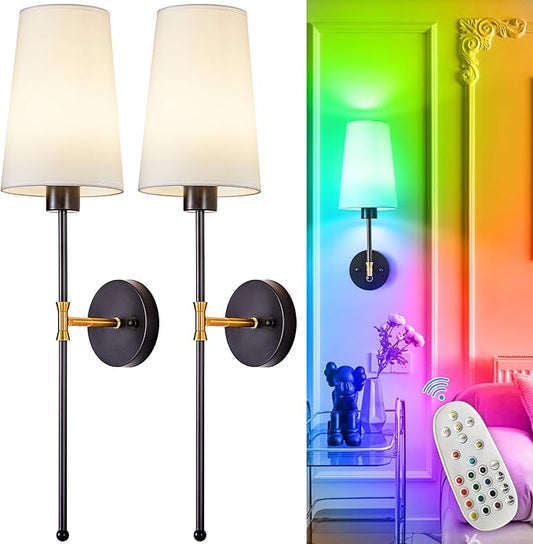 Depuley Battery Operated Wall Sconce: 27" Set of 2 Wireless Wall Lights with Remote for Bedroom - Rechargeable 15 Colors Black and Gold Wall Lamp for Living Room Hallway Decor