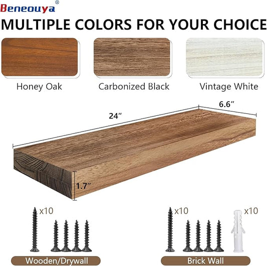 24 Inch Floating Shelves, Bathroom Wooden Shelves for Wall Mounted, Rustic Farmhouse Floating Shelves, Solid Wood Wall Shelves for Storage, Set of 2, Carbonized Black