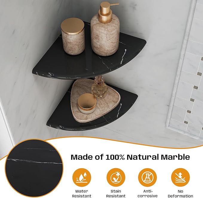 Black Marble Corner Shower Shelf, 9 Inch Marble Corner Shelf for Bathroom Shower Decor, Wall Mounted, Polished, 2 Pcs