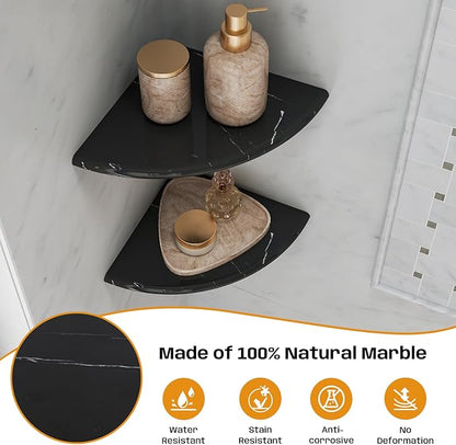 Black Marble Corner Shower Shelf, 9 Inch Marble Corner Shelf for Bathroom Shower Decor, Wall Mounted, Polished, 2 Pcs