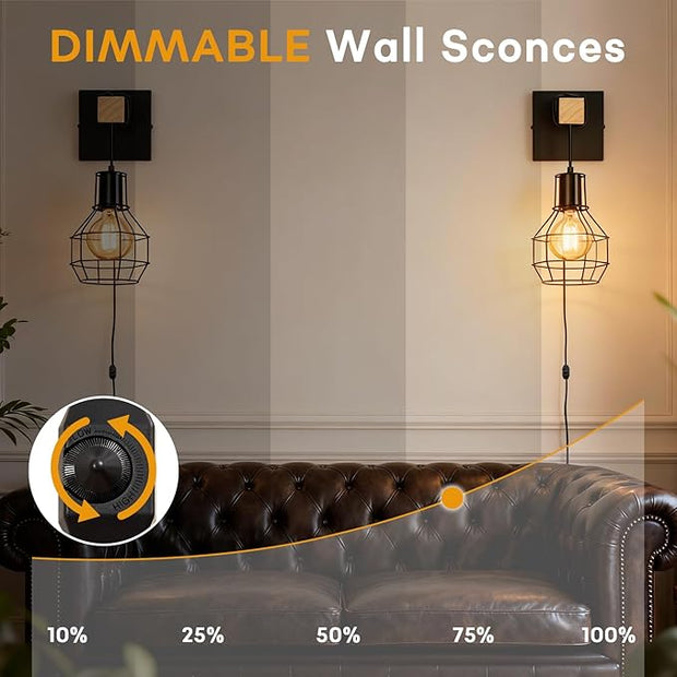 Lightess Plug in Wall Sconces Set of 2, Industrial Wall Mount Light Fixture with ON/Off Dimmable Switch Cord, Black Rustic Wall Lighting for Bedroom Living Room, Bulb Not Included