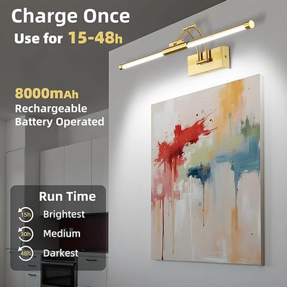 24“ Picture Lights for Wall, 8000mAh Rechargeable Wireless Picture Light with Remote, LED Wall Lights 3000K/4000K/6000K Dimmable, Art Lighting for Paintings Frame Gallery Dartboard, Brass