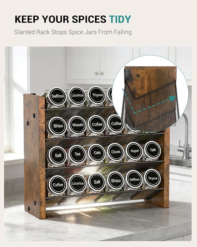 NESAPTO Spice Rack Organizer for Cabinet, Wooden 4 Tier Vertical Seasoning Organizers for Kitchen Pantry, Countertop/Wall Mount, Holds 24 Spice Jars (No Jars Included),12.2