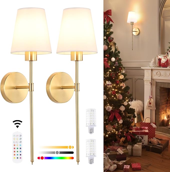 Fabric Wall Sconce Battery Operated Set of 2, Rechargeable Wall Lights with 5000mAh RGB Dimmable Bulb, 12 Colors Wall Sconces for Bedroom Living Room, Gold