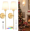 Fabric Wall Sconce Battery Operated Set of 2, Rechargeable Wall Lights with 5000mAh RGB Dimmable Bulb, 12 Colors Wall Sconces for Bedroom Living Room, Gold