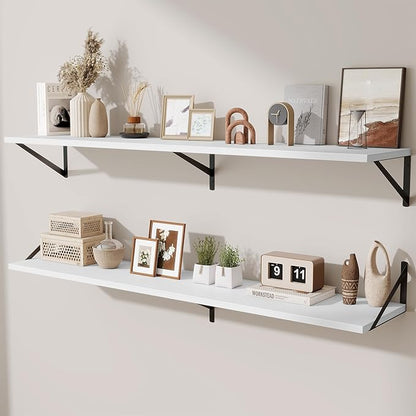 Deep Floating Shelves,55" Wx10 D Wood Wall Shelves Set of 2,Long Wood Floating Shelf with Metal Brackets,Floating Bookshelf for Living Room,Kitchen,Office,Bedroom,Decor Storage,White
