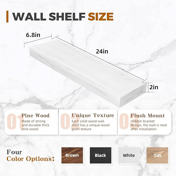 24x6.8x2 Inch Rustic Floating Shelves for Wall Set of 2 - White Solid Wood Wall Mounted Shelves with Invisible Bracket, Extended Design for Farmhouse Living Room Bedroom Kitchen Decor
