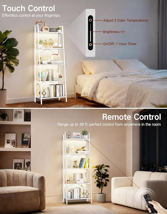 5-Tier Wide Ladder Shelf with LED Lights, Touch & Remote Control, 3 Color Temperatures, Dimmable Tall Corner Standing Bookcase, Metal Wood Display Shelf for Living Room, Bedroom(White)