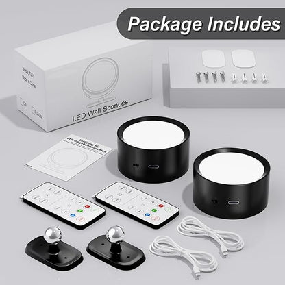 LED Wall Mounted Lights,Rechargeable Battery Operated Wall Sconce with Remote,3 Color Temperatures & Dimmable Magnetic 360° Rotation Cordless Wall Light for Bedside Reading,Bedroom,Closet,2 Pack