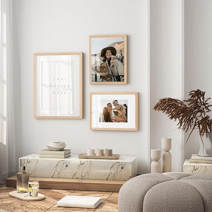 puthiac 11x14 Solid Oak Wood Picture Frame, Fits 8x10 with Mat or 11x14 Without Mat, Wall Display Only, Vertical or Horizontal, Plexi Front, 3 Pack, Natural Oak