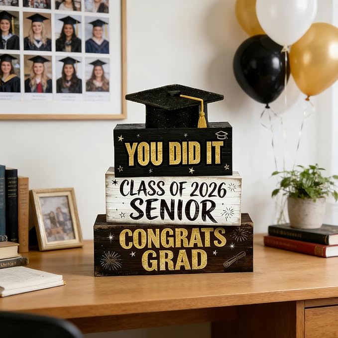 2026 Graduation Table Decorations Class of 2026 Senior Tiered Tray Decor Wooden Hat Block Signs Farmhouse Congrats Grad Tabletop Party Centerpiece for Tables Wooden Sign for Home Decor