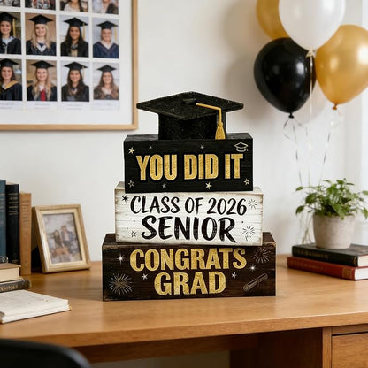 2026 Graduation Table Decorations Class of 2026 Senior Tiered Tray Decor Wooden Hat Block Signs Farmhouse Congrats Grad Tabletop Party Centerpiece for Tables Wooden Sign for Home Decor