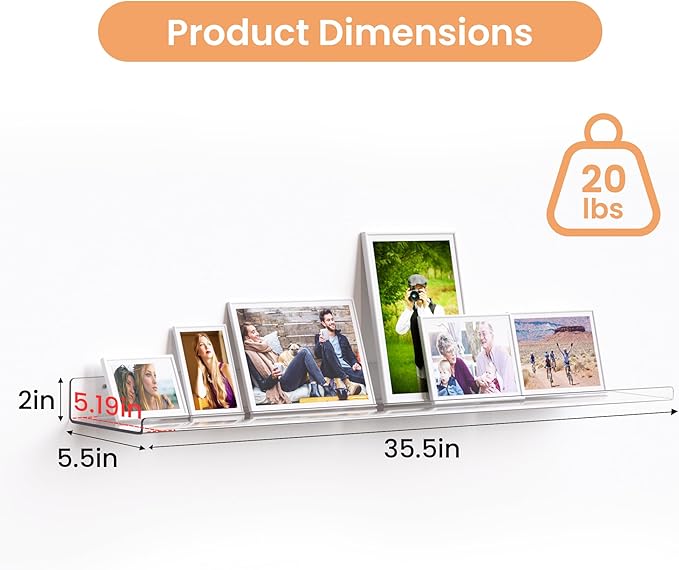 upsimples 2 Pack 35.5x5.5 Inches Acrylic Shelves for Wall Storage, Floating Bookshelves for Kids, Display Shelf Organizer for Bathroom, Bedroom, Living Room, Kitchen, Clear