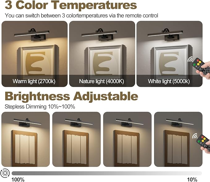 LED Wireless Picture Light with Remote Control,USB Rechargeable Battery Powered Art Lamps,Dimmable,270° Rotate,Timing,15.5 Inch Black Wall Lights for Paintings,Picture Frame,Gallery