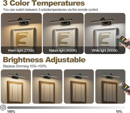 LED Wireless Picture Light with Remote Control,USB Rechargeable Battery Powered Art Lamps,Dimmable,270° Rotate,Timing,15.5 Inch Black Wall Lights for Paintings,Picture Frame,Gallery