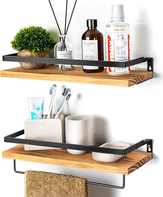 Floating Shelves for Wall, Bathroom Shelves with Towel Bar, Wall Mounted Storage Shelves for Kitchen, Bathroom, Set of 2 Carbonized Black