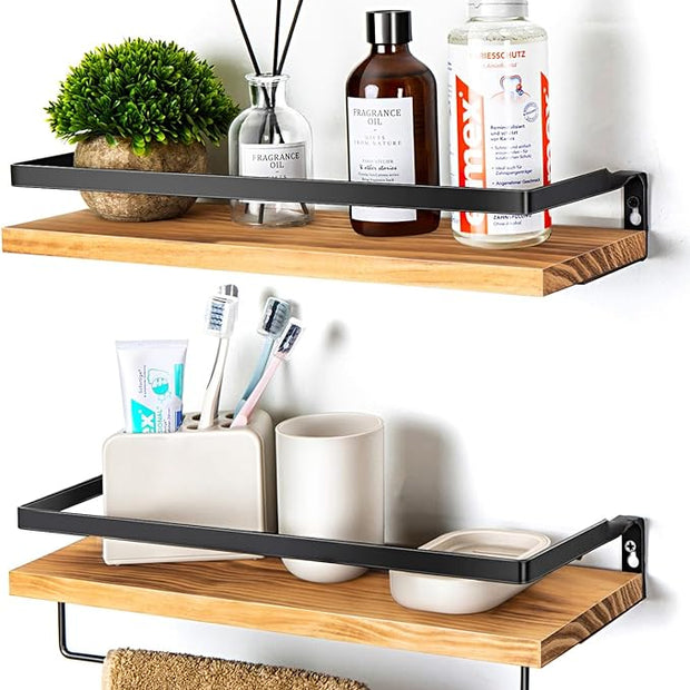 Floating Shelves for Wall, Bathroom Shelves with Towel Bar, Wall Mounted Storage Shelves for Kitchen, Bathroom, Set of 2 Carbonized Black
