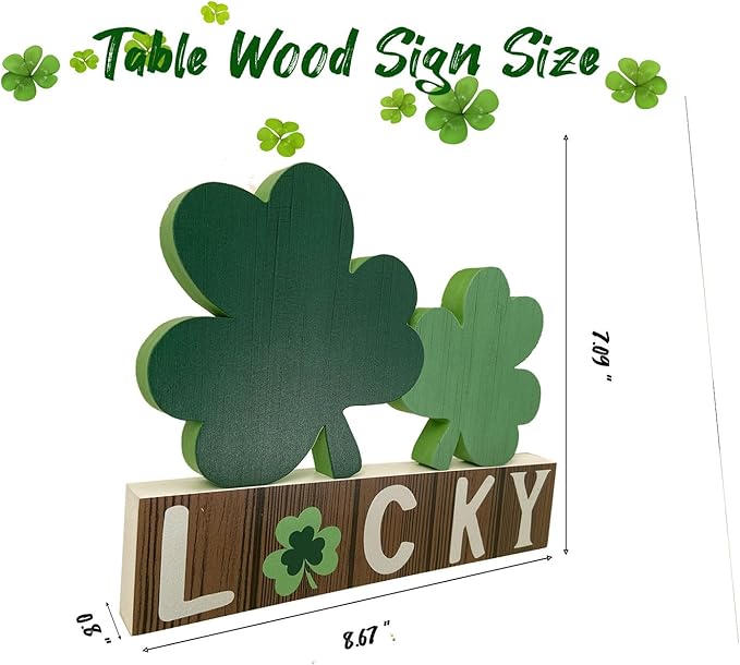 Lucky Wooden Sign St. Patrick's Day Table Decor Shamrock Home Office Table Top Decor Centerpiece Decorations for Tiered Trays Shelf Coffee Bar Mantle Windowsill