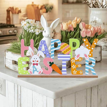 Easter Decorations, MEETYAMOR Wood Metal Happy Easter Sign for Table Decor, Farmhouse Rustic Easter Bunny Decorations for Home, Living Room, Mantel, Shelf