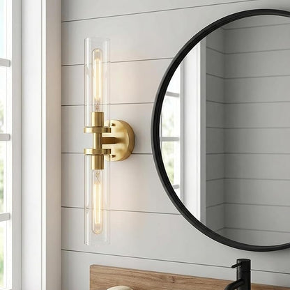 Wall Sconces 2-Pack, Hardwired Bathroom Light Fixtures, Modern Farmhouse Vanity Wall Lighting with Clear Glass Shades, E26 Base Wall Sconce Wall Lights for Bathroom Wall Decor, Gold