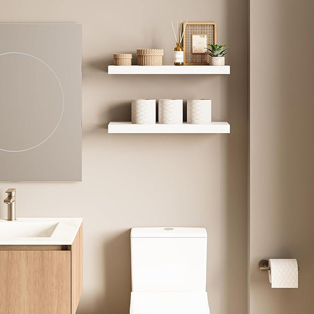 Ballucci Floating Shelves, 24" Wood Wall Shelf Set of 2, with Invisible Brackets for Bathroom, Living Room, Bedroom, Kitchen, Nursery, 6" Deep, White