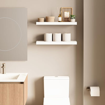 Ballucci Floating Shelves for Wall, 24" Wood Wall Shelf Set of 2, with Invisible Brackets for Bathroom, Living Room, Bedroom, Kitchen, Nursery, 8" Deep, White