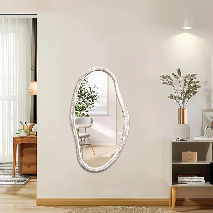 JJUUYOU Asymmetrical Mirror Modern Irregular 34"x22" Large Wall Mounted Mirror with Wooden Frame for Bathroom Bedroom Living Room Hallway Mirrors White