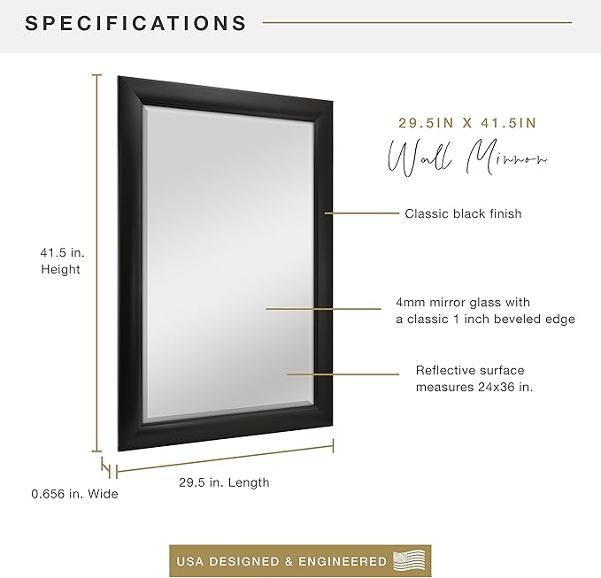MCS 29.5x41.5 Large Wall Mirror, Classic Black Mirror, Vertical & Horizontal Wall Hanging Mirror for Bathroom, Bedroom & Livingroom