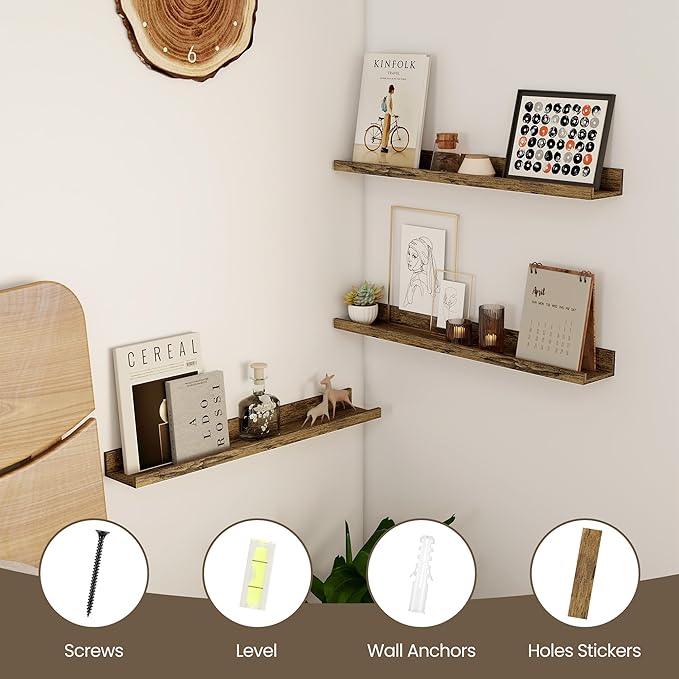 Axeman Picture Ledge Shelf | 24 Inch Floating Shelves Set of 2 | Rustic Brown Wall Shelves with Lip | Brown Picture Shelf for Wall with Ledge | Photo Ledges 24 Inch
