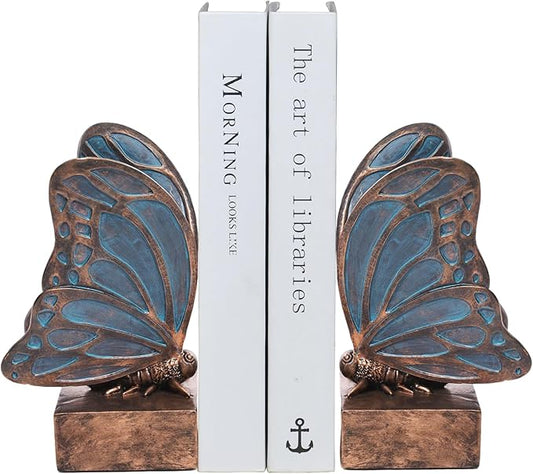 Vintage Blue Butterfly Bookends,Resin Book Ends for Shelves,Heavy Duty Decorative Bookends,Creative Book Stopper Holder Decor for Desk Home Office,Shelf Decoration,Gifts for Mother's Day