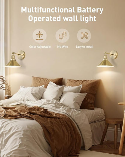 Gold Vintage Wireless Battery Operated Wall Sconces, Rechargeable Cordless Battery Powered Led Wall Lights Set of 2, Wall Lamp Fixture Indoor with Remote Control for Bedroom Farmhouse Gallery