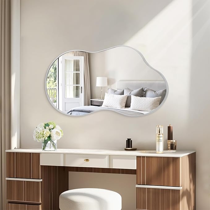 JJUUYOU Bathroom Wall Mirrors Irregular Mirrors for Wall Large Brushed Metal Frame 20"x36" Vanity Wall Mounted Mirror for Living Room Bedroom Entryway Vanity Home Decor Silver