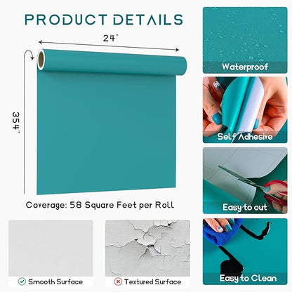 VEELIKE Thick Turquoise Blue Wallpaper Peel and Stick Blue Contact Paper for Cabinets Desk Furniture Accent Walls 24''x354'' Self Adhesive Removable Teal Wallpaper for Bedroom Bathroom Living Room