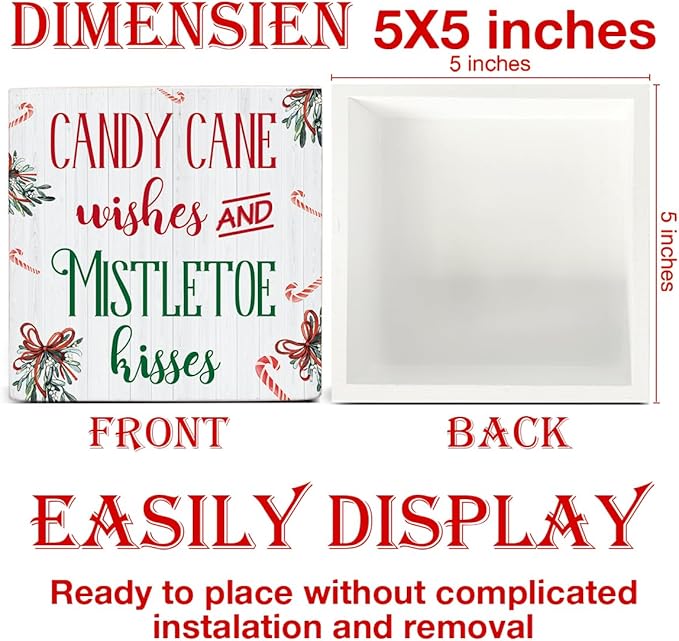 Funny Christmas Decor, Indoor Christmas Decorations, Candy Cane Wishes and Mistletoe Kisses Wooden Sign Rustic Home Shelf Desk Decor 5 x 5 Inches