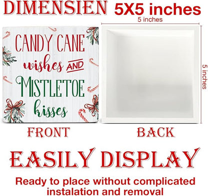 Funny Christmas Decor, Indoor Christmas Decorations, Candy Cane Wishes and Mistletoe Kisses Wooden Sign Rustic Home Shelf Desk Decor 5 x 5 Inches