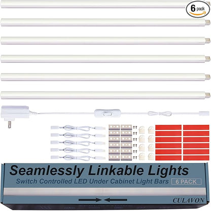 Under Cabinet Lights, Plug in, Seamlessly Linkable 12 Inch, 6 Bars+Switch+Extensions, Under Counter Lighting for Kitchen, Closet, Gun Safe, Shelf, Display Case, LED 5000k Daylight