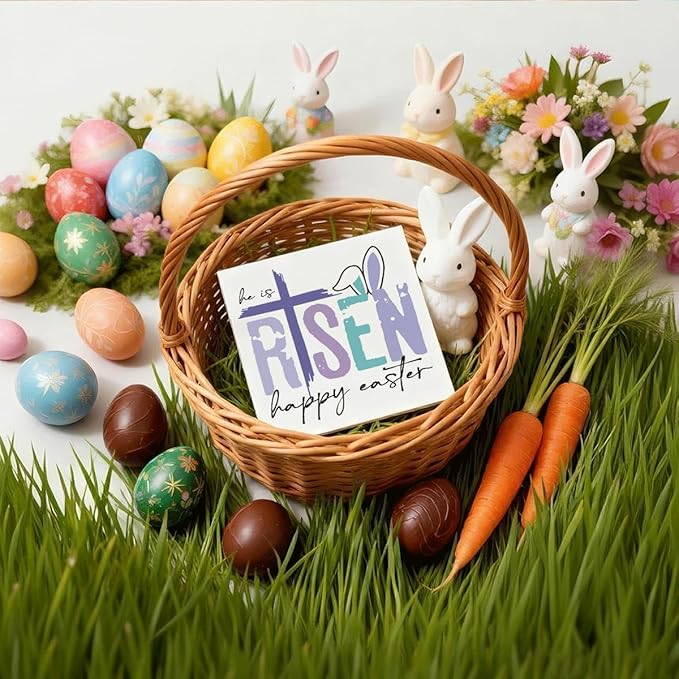 Christian Easter Decor He Is Risen Wooden Sign, Religious Cross Bunny Happy Easter Design, Easters Front Door Decorations for Home, Farmhouse Wall Hanging Spring Decor