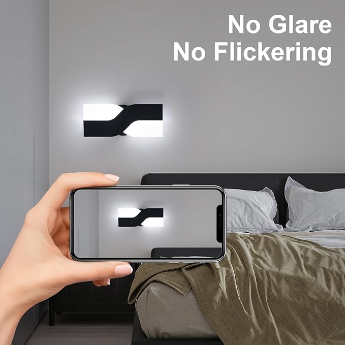 Modern LED Wall Sconce, Black Indoor Wall Light Fixtures Set of 2, 8W Acrylic Wall Mounted Lamp, 6000K Cold White Wall Sconces Lighting for Hallway, Bedroom, Stairway, Corridor, Bathroom